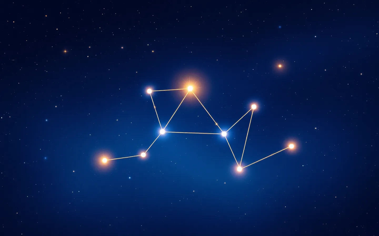 An abstract constellation of five connected luminous nodes on a deep indigo night sky, evoking a synthetic pentapeptide charted like a star atlas